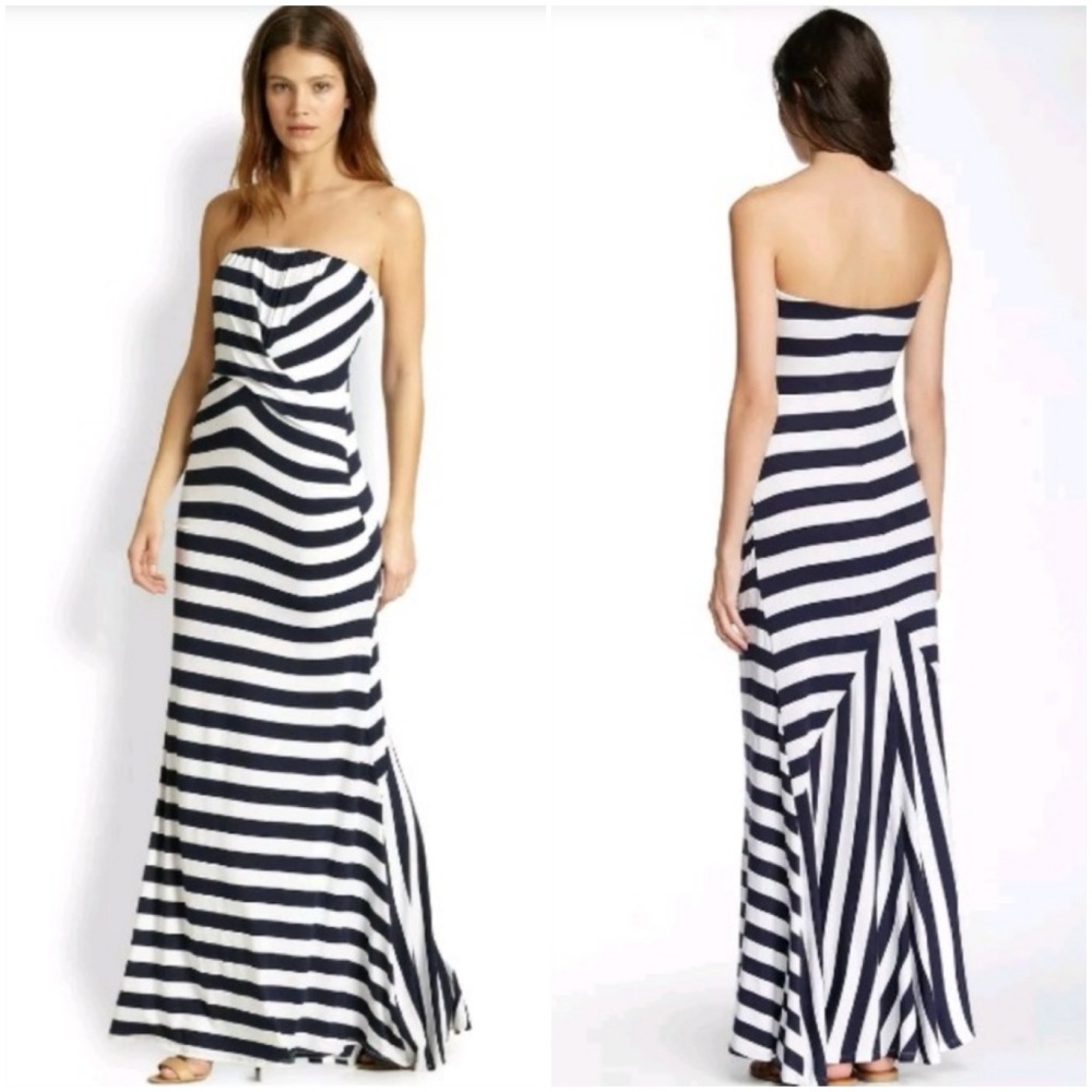 Ella Moss Navy Blue French Nautical Stripe Strapless Maxi Dress